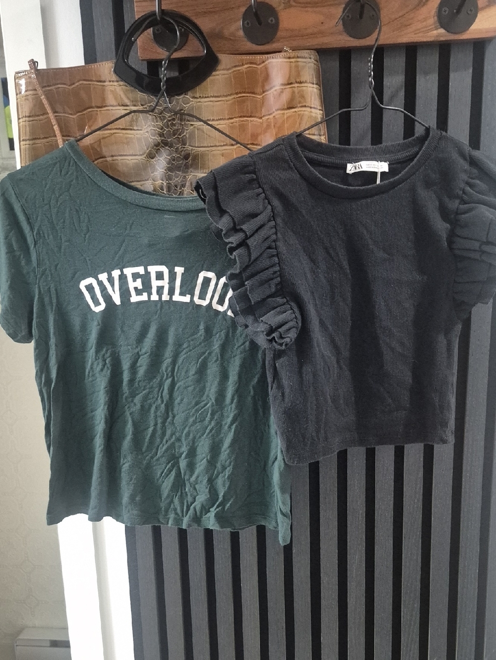 Zara Black Ruffle Sleeve Tee & Dark Green 'OVERLOOK' Graphic Tee Set